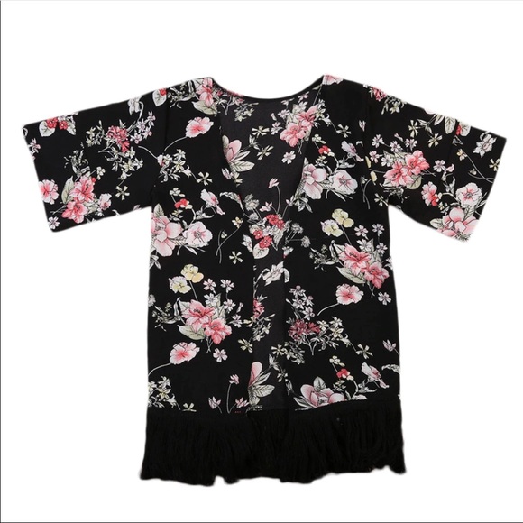 Black floral kimono with fringe - Picture 2 of 5